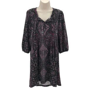 NWOT Reborn Womens Purple Paisley Print 3/4 Sleeve V Tie Neck Tunic Dress Size M